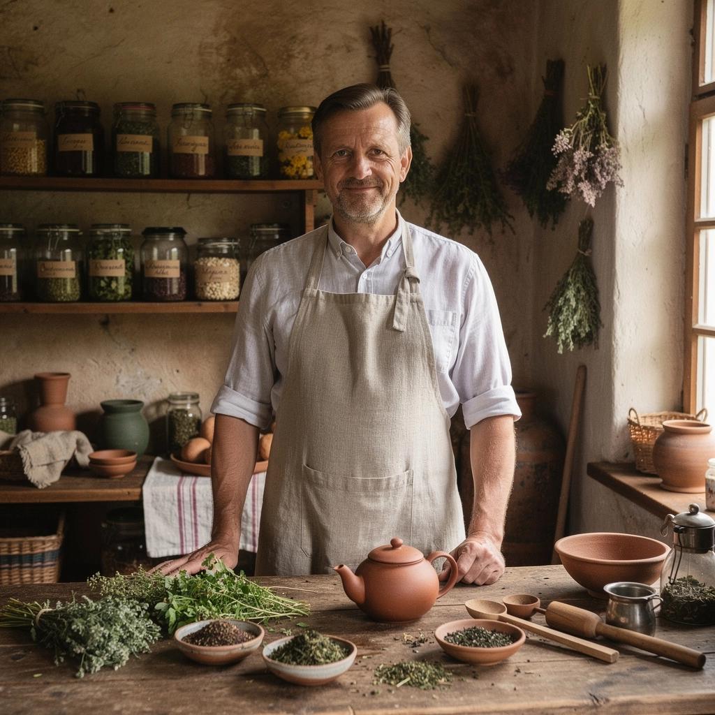 Tradicinis lietuviškas žolelių arbatos puodelis, puoštas natūraliomis gėlėmis ir žolelėmis.